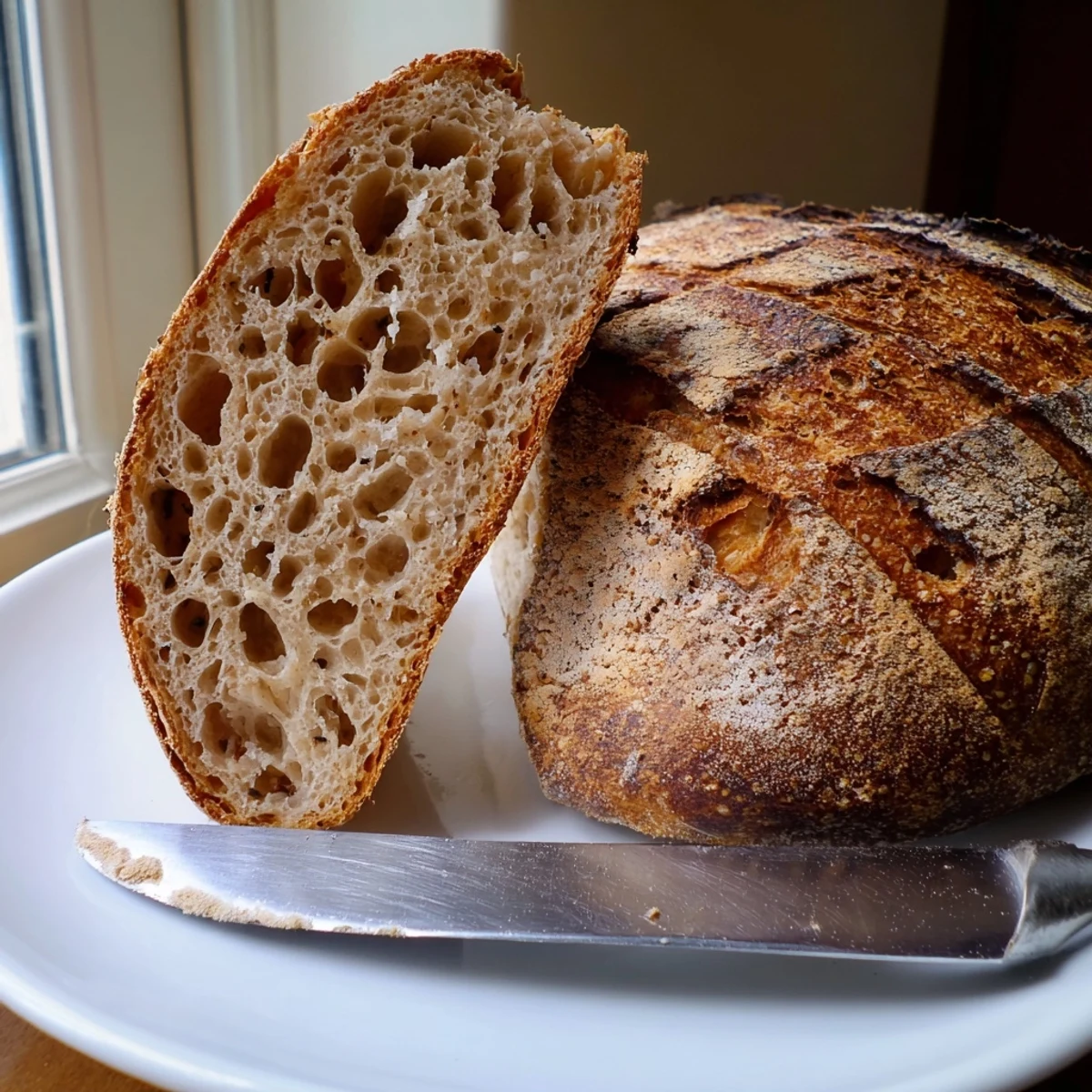 Crusty sourdough bread sliced open revealing a chewy, tangy, open crumb interior