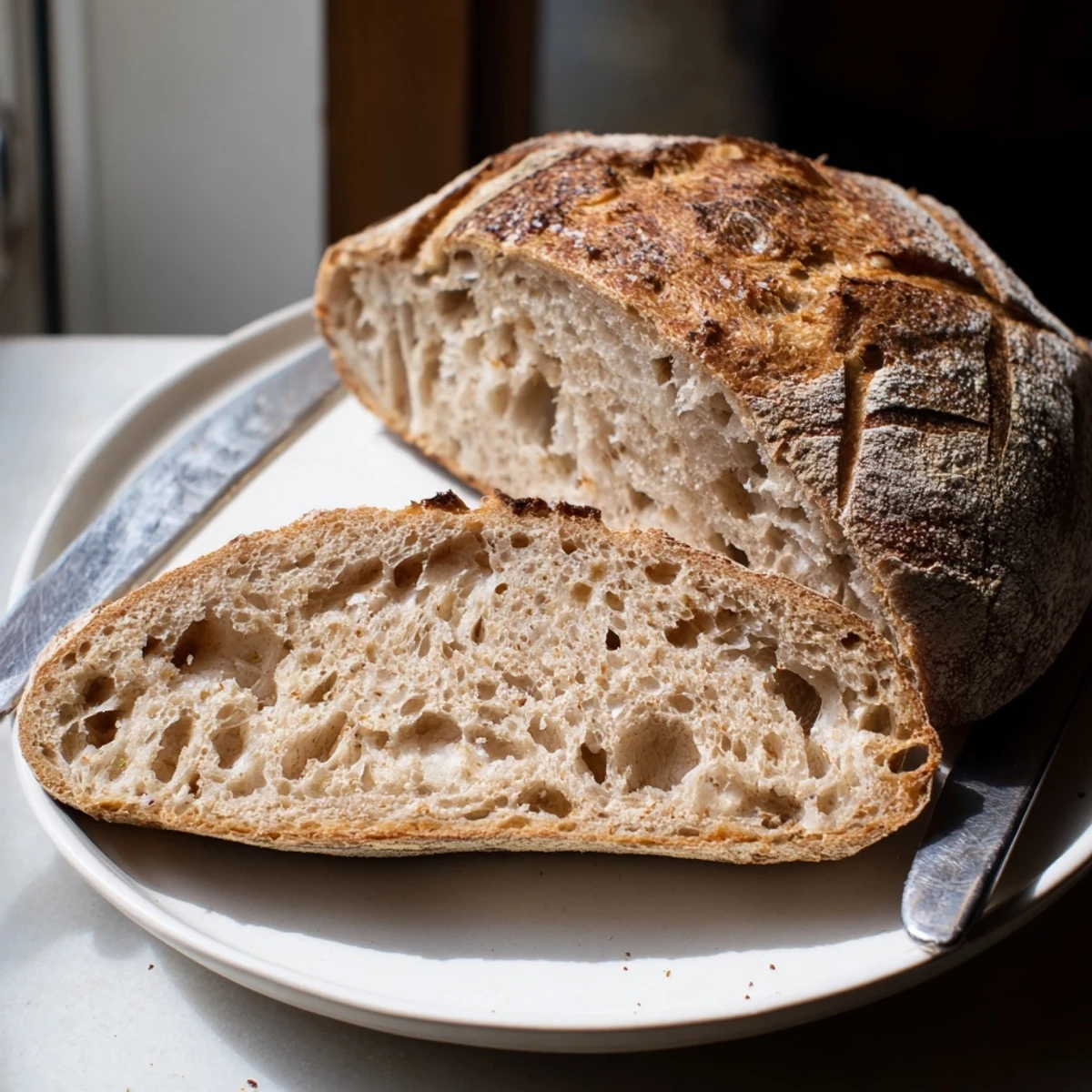 Rustic sourdough bread cooling on a wire rack ready for warm butter spreading