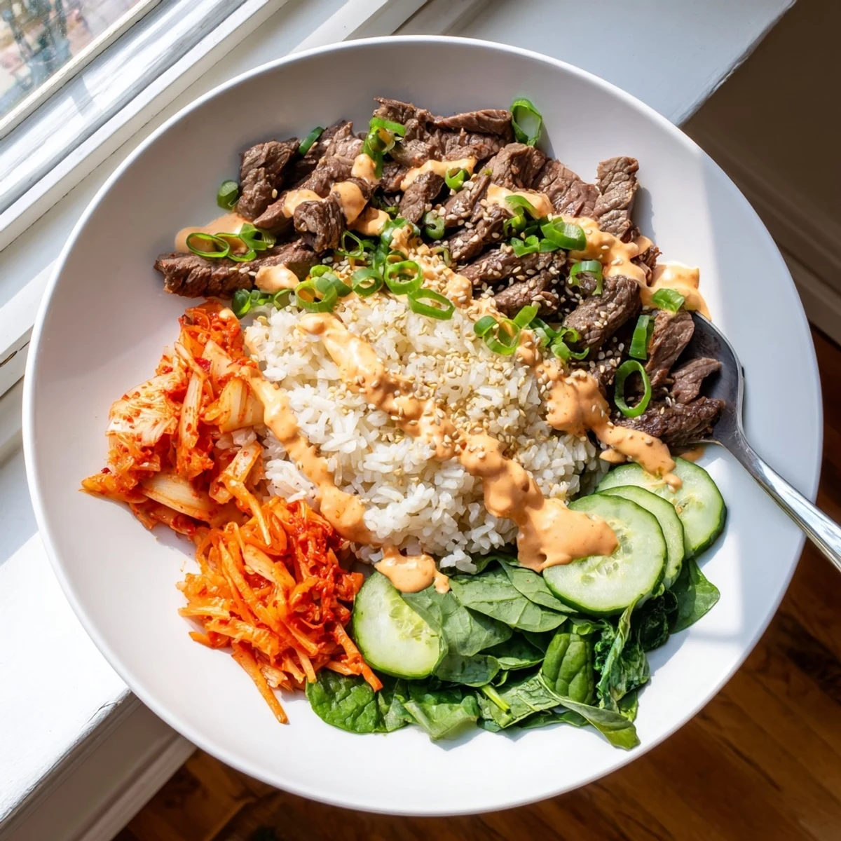 A close-up of Korean BBQ steak rice bowls showing sliced beef nestled beside crisp carrots, kimchi, and greens under a creamy sriracha drizzle