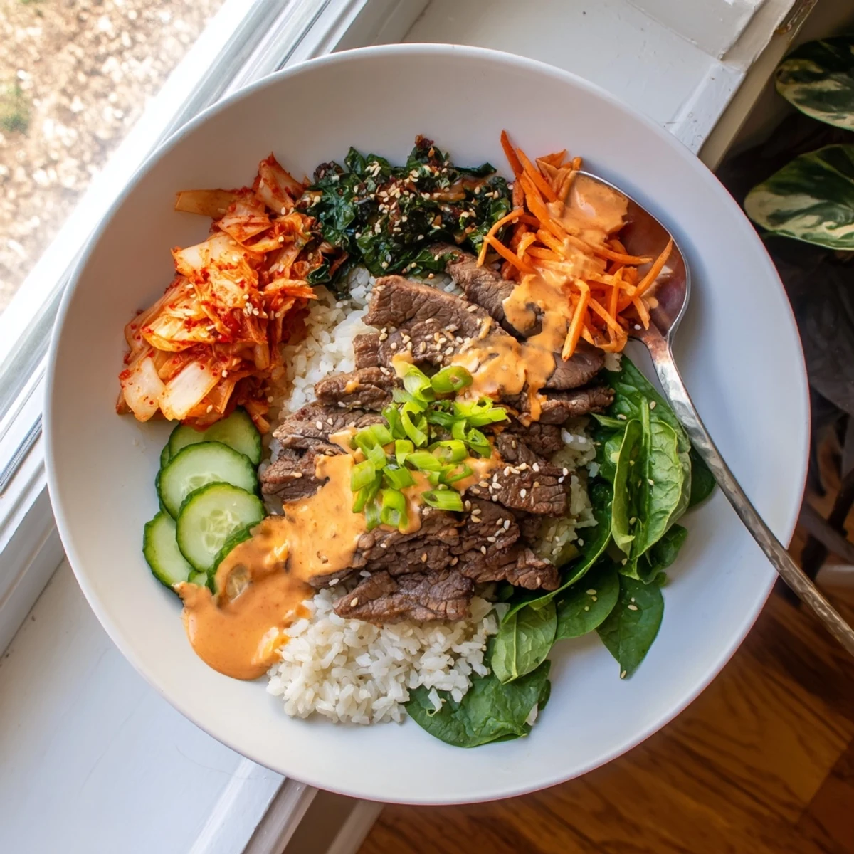 Steaming rice topped with savory-sweet Korean BBQ steak and crunchy cucumber in Korean BBQ steak rice bowls finished with sesame seeds and spicy mayo
