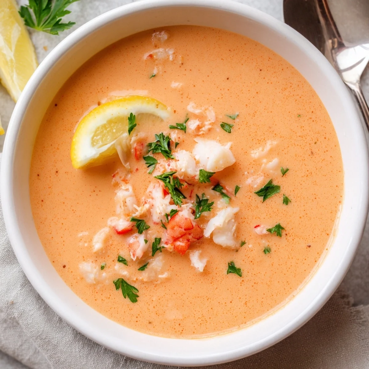 Steaming bowl of creamy crab and shrimp bisque garnished with fresh parsley