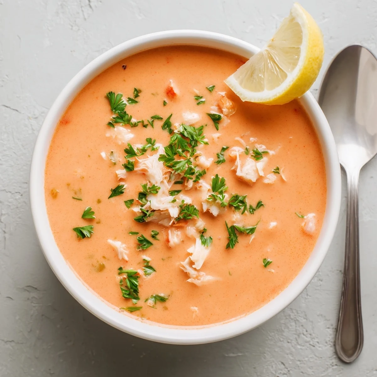 Velvety crab and shrimp bisque with pink shrimp in a white soup bowl
