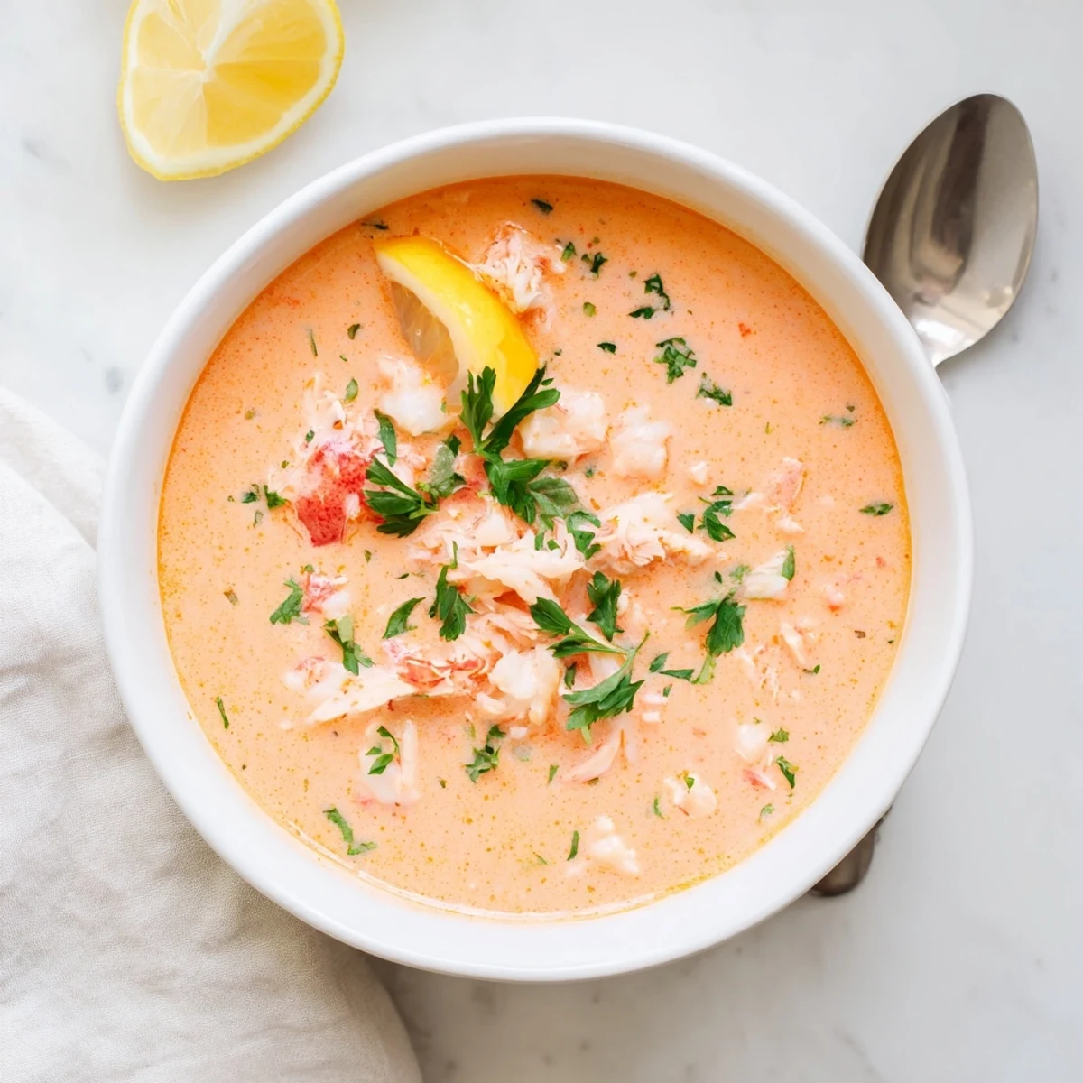 Rich crab and shrimp bisque ladled into a bowl with lemon wedge