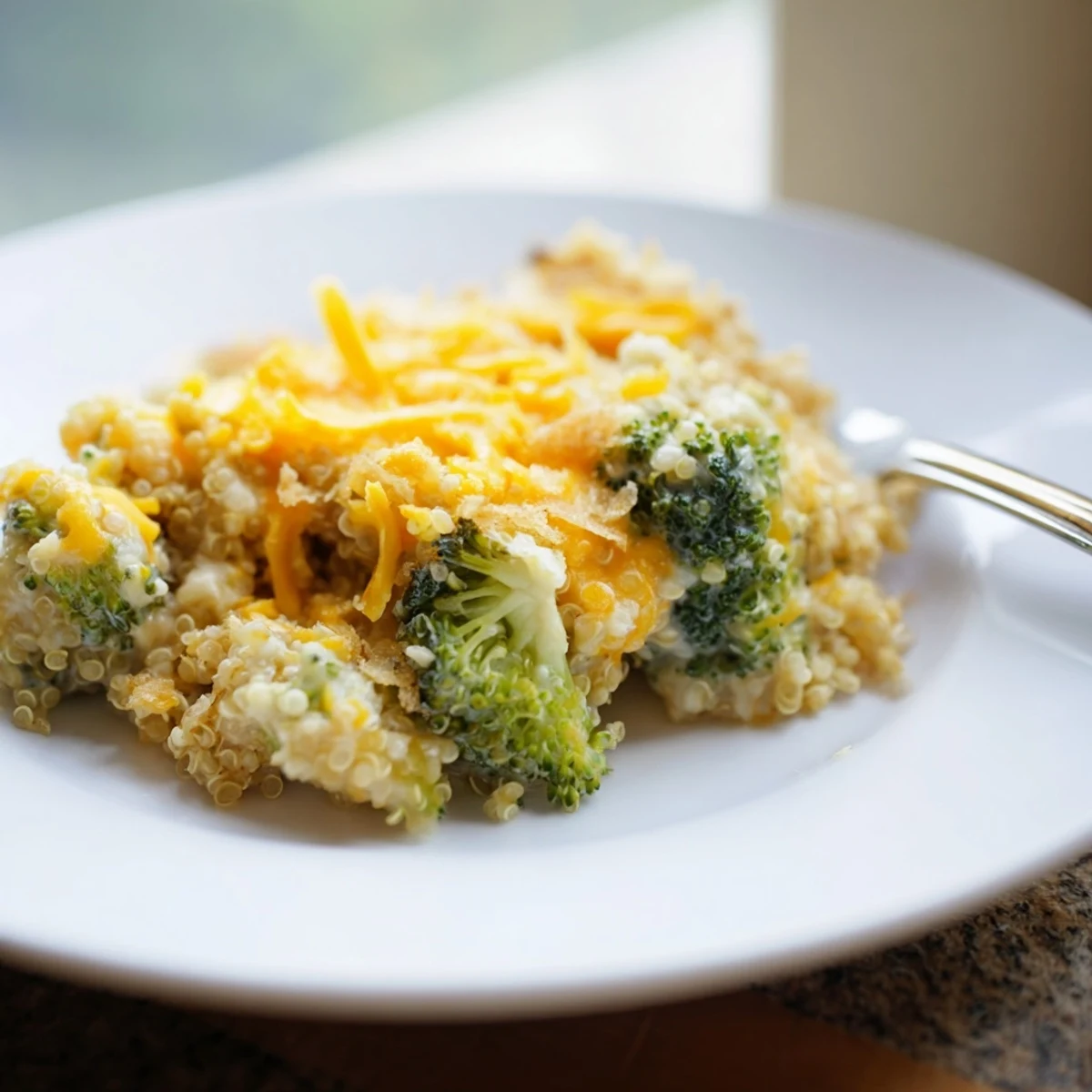 Tender broccoli and fluffy quinoa baked in a rich creamy cheese sauce