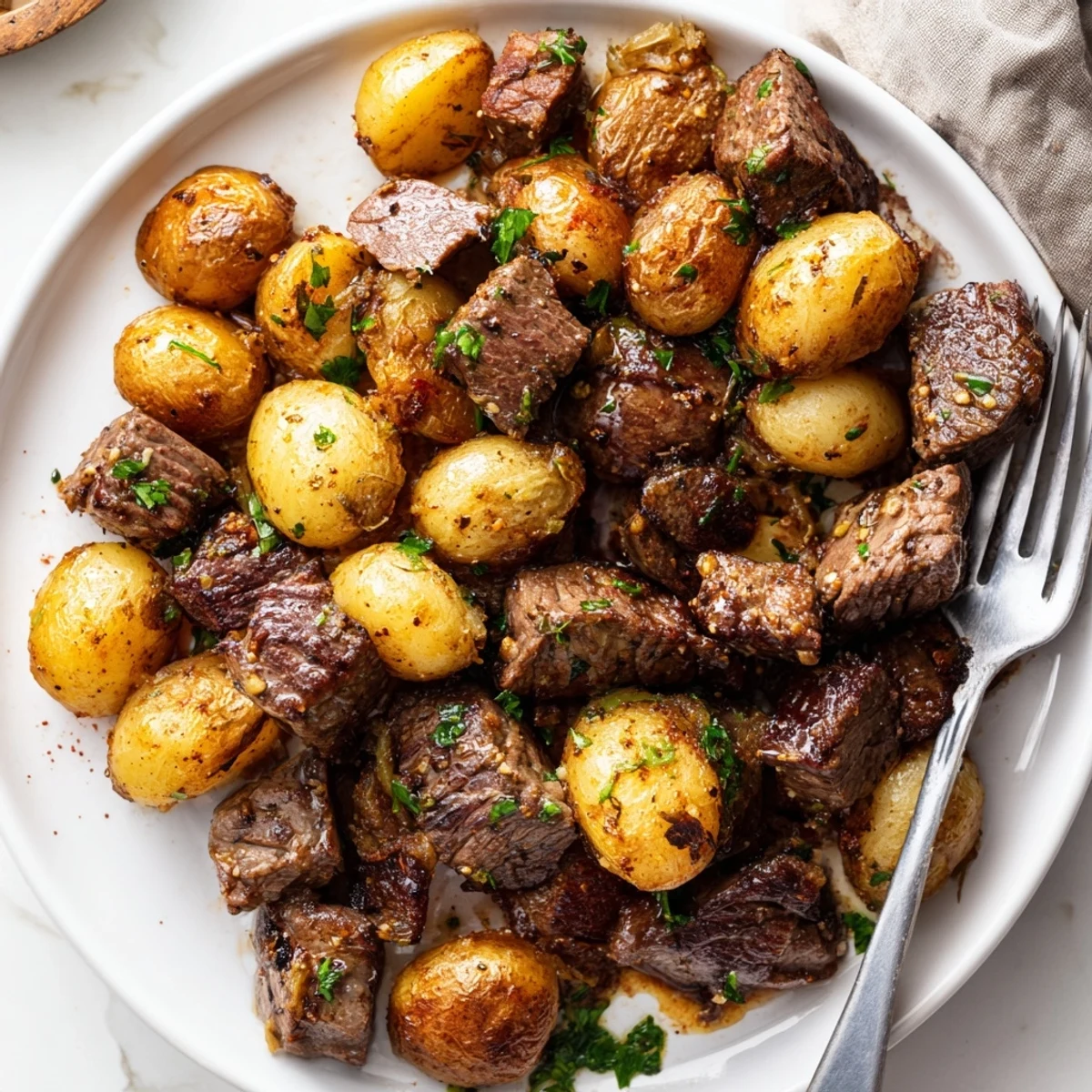 Garlic Steak Bites and Potatoes sizzling in garlic butter, parsley sprinkled.