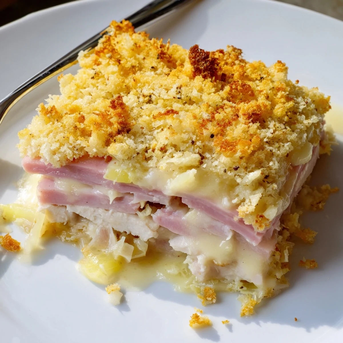 Golden baked Chicken Cordon Bleu Casserole Recipe, bubbling cheese and crispy breadcrumb topping