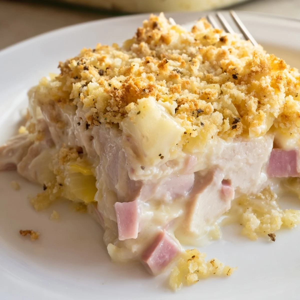 Hearty Chicken Cordon Bleu Casserole Recipe, browned edges, served with crisp green salad