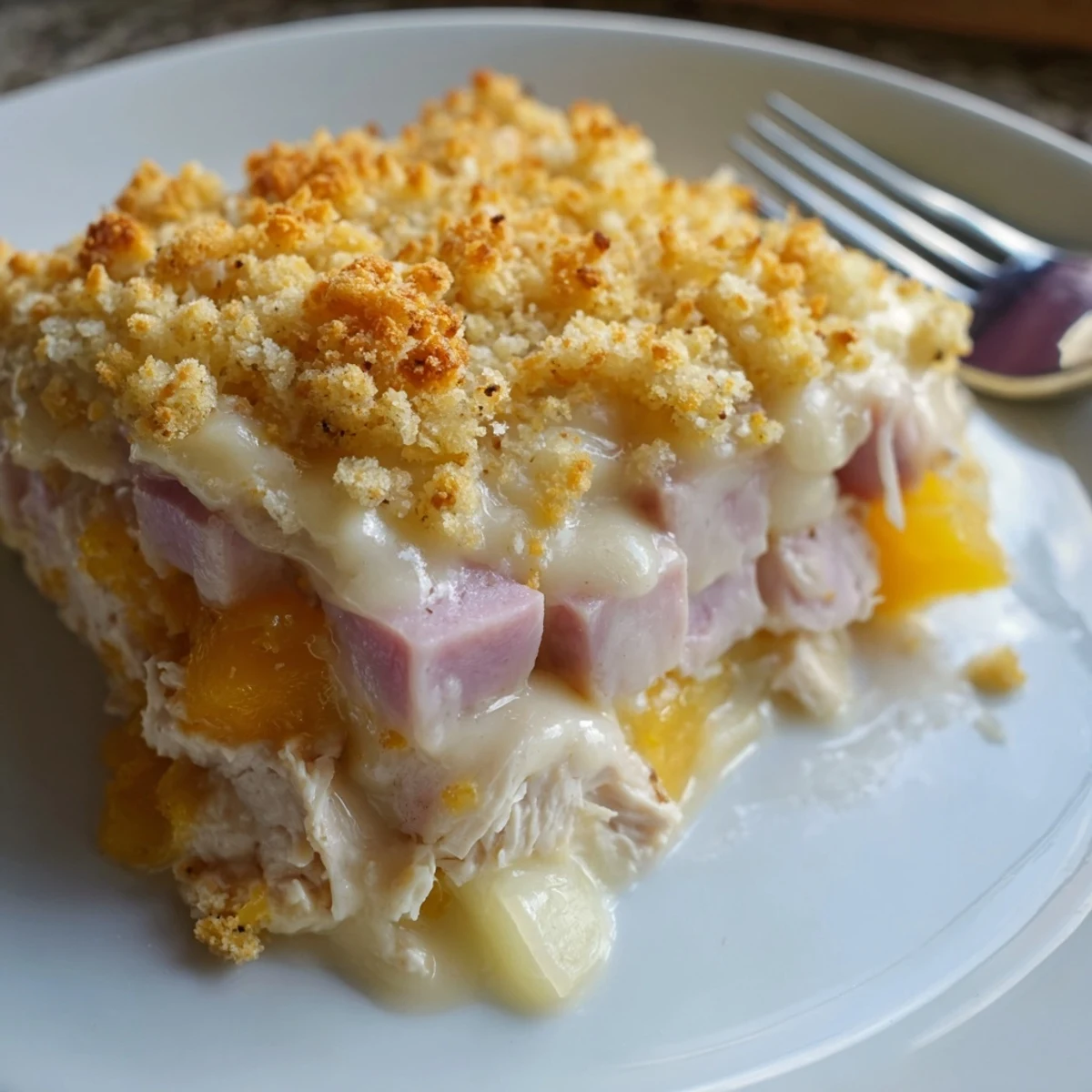 Creamy Dijon sauce in Chicken Cordon Bleu Casserole Recipe, sliced for serving