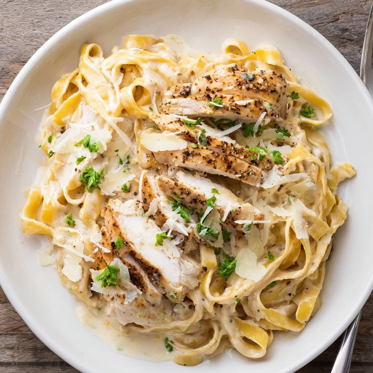 Creamy Garlic Chicken Pasta steaming in skillet, sliced seared chicken, silky sauce.