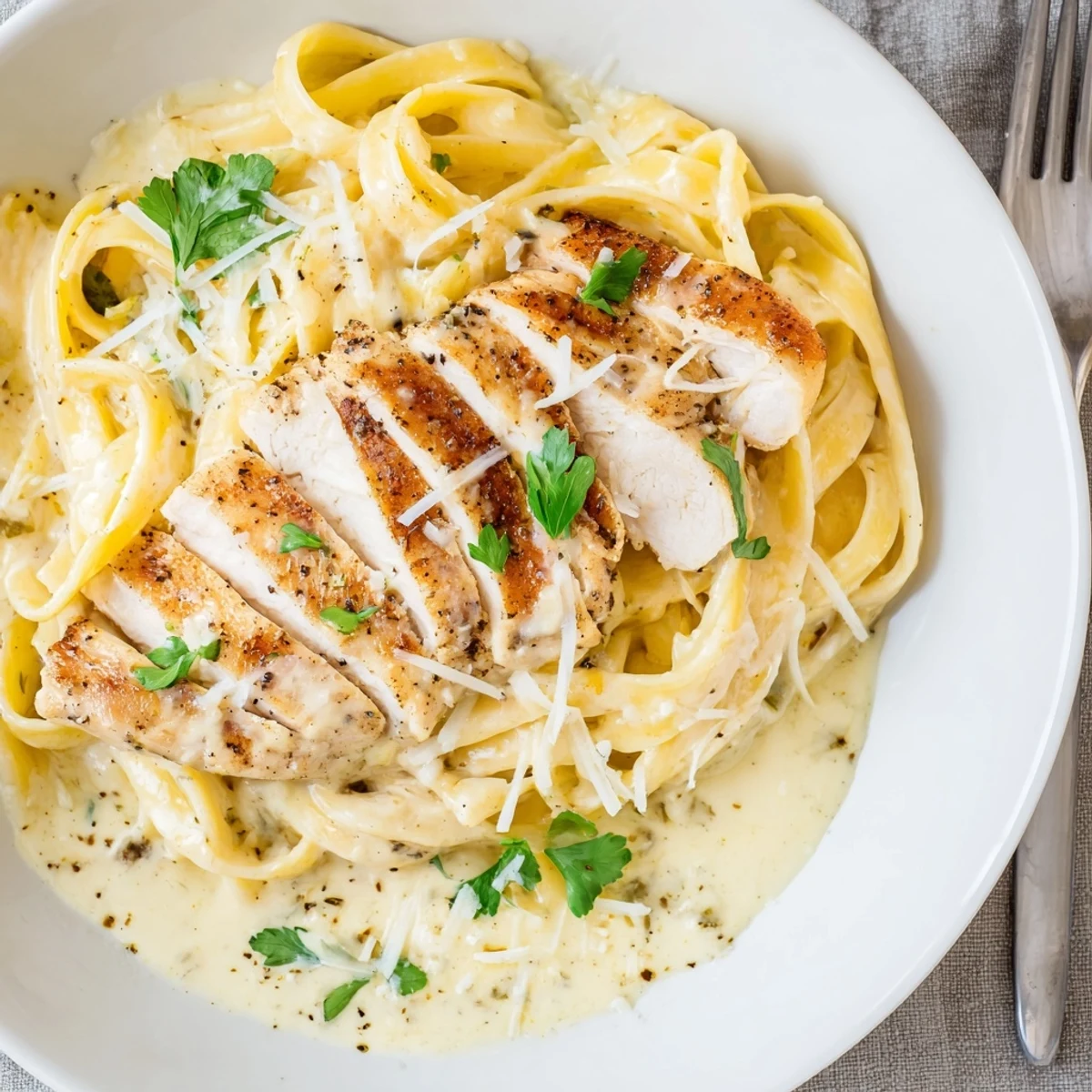 Plate of Creamy Garlic Chicken Pasta garnished with parsley, aromatic garlic scent.