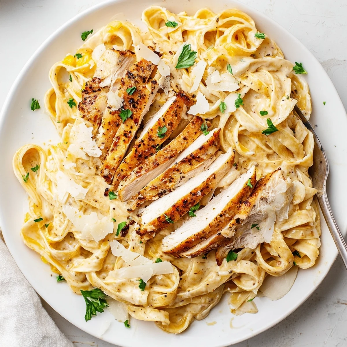 Weeknight bowl of Creamy Garlic Chicken Pasta tossed with Parmesan, creamy texture.