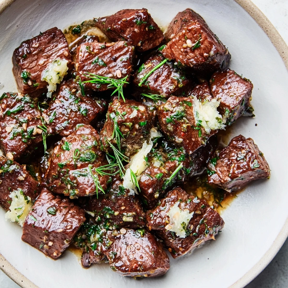 Cowboy Butter Steak Bites glistening with herb butter, seared, ready to share.