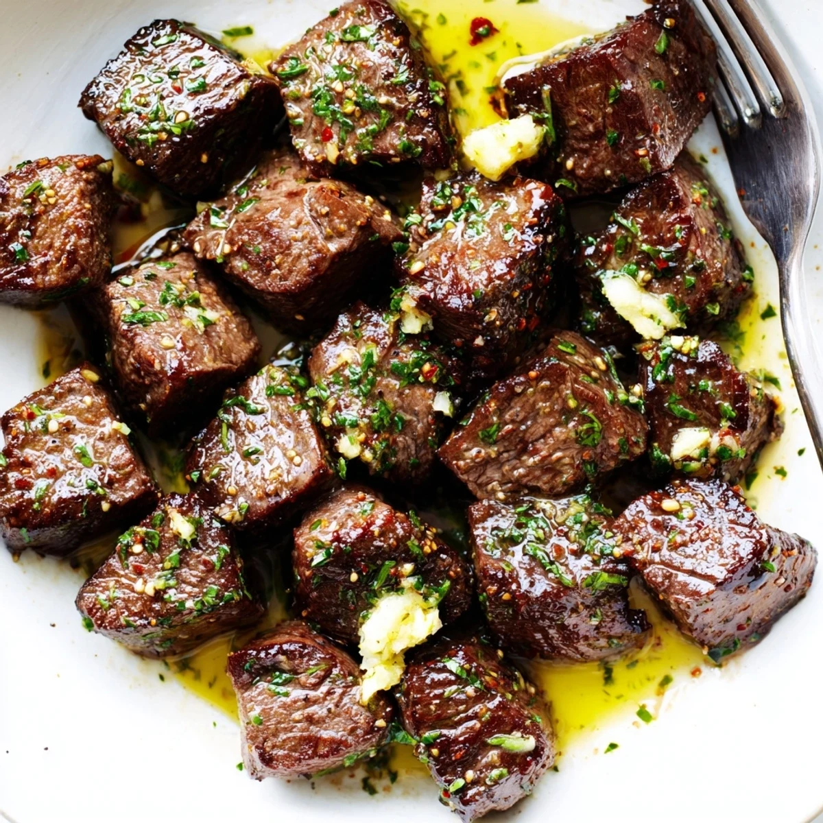 Tender Cowboy Butter Steak Bites served with roasted potatoes, fragrant lemon zest.