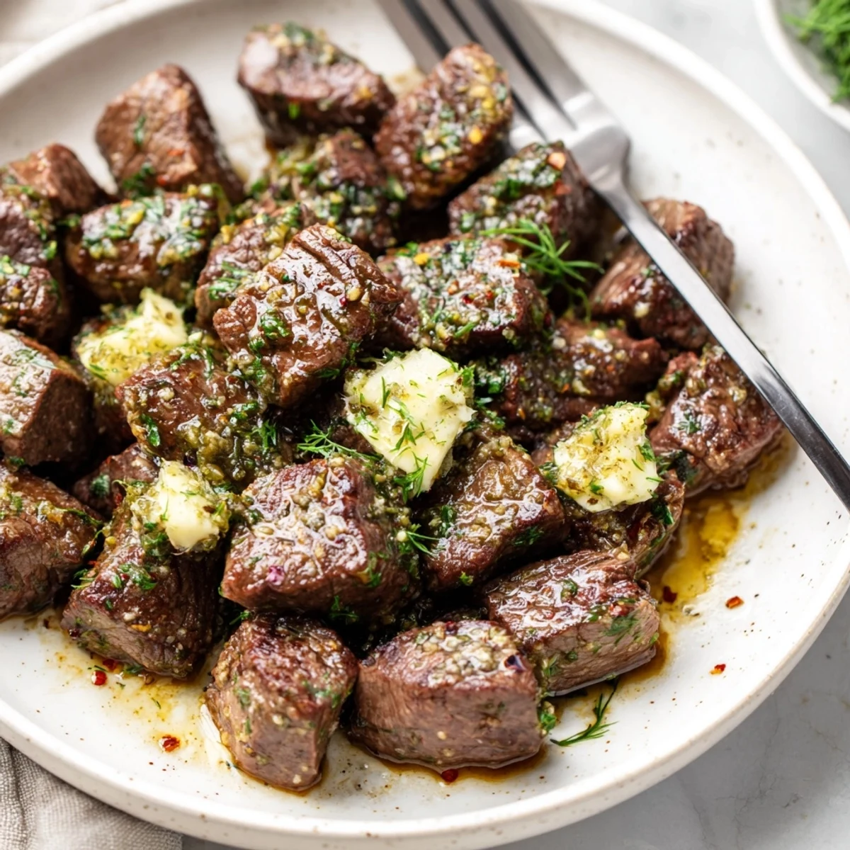 Sizzling Cowboy Butter Steak Bites tossed in zesty garlic butter, plated.