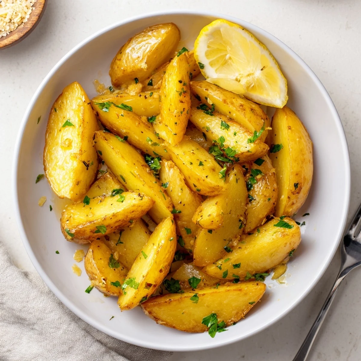 Roasted and crisp Authentic Greek Lemon Potatoes Recipe served hot, parsley sprinkled