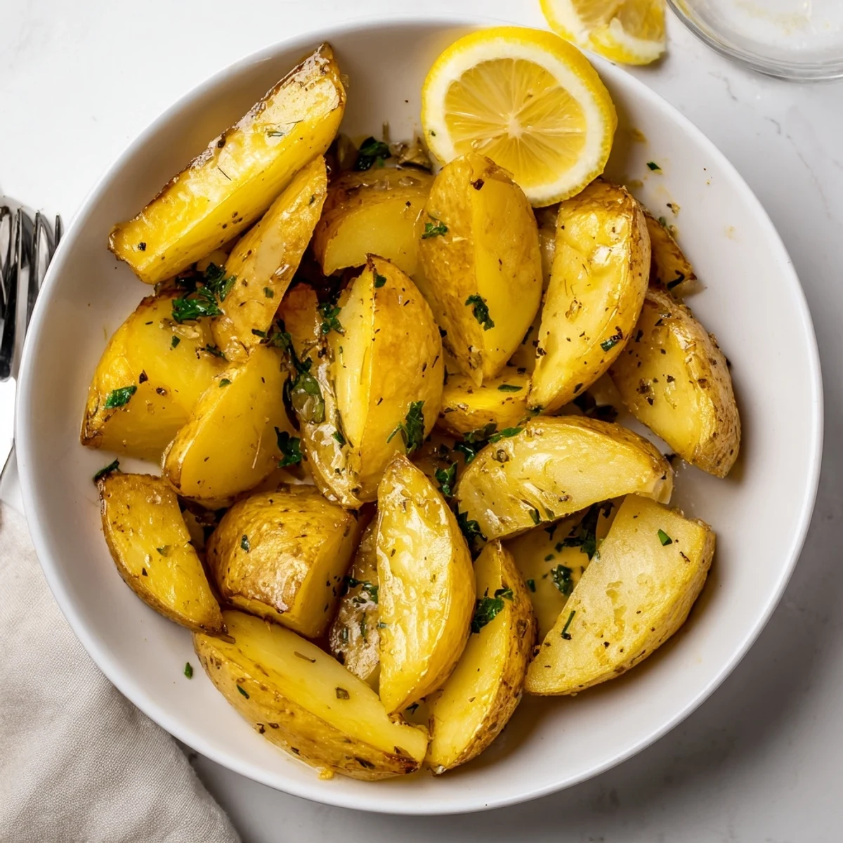 Authentic Greek Lemon Potatoes Recipe golden wedges glistening with lemon herb pan juices