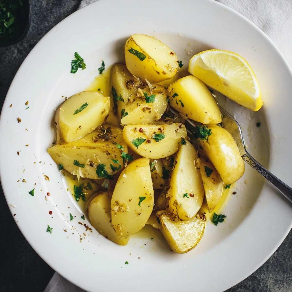 Baking dish filled with Authentic Greek Lemon Potatoes Recipe, aromatic lemon garlic steam