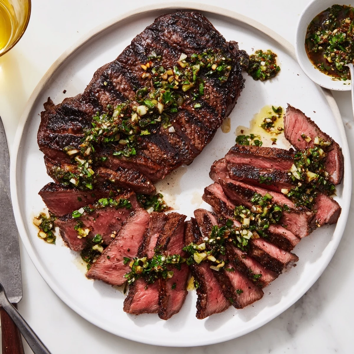 Sliced Chimichurri Steak Recipe served medium-rare, garlic-parsley aroma filling kitchen