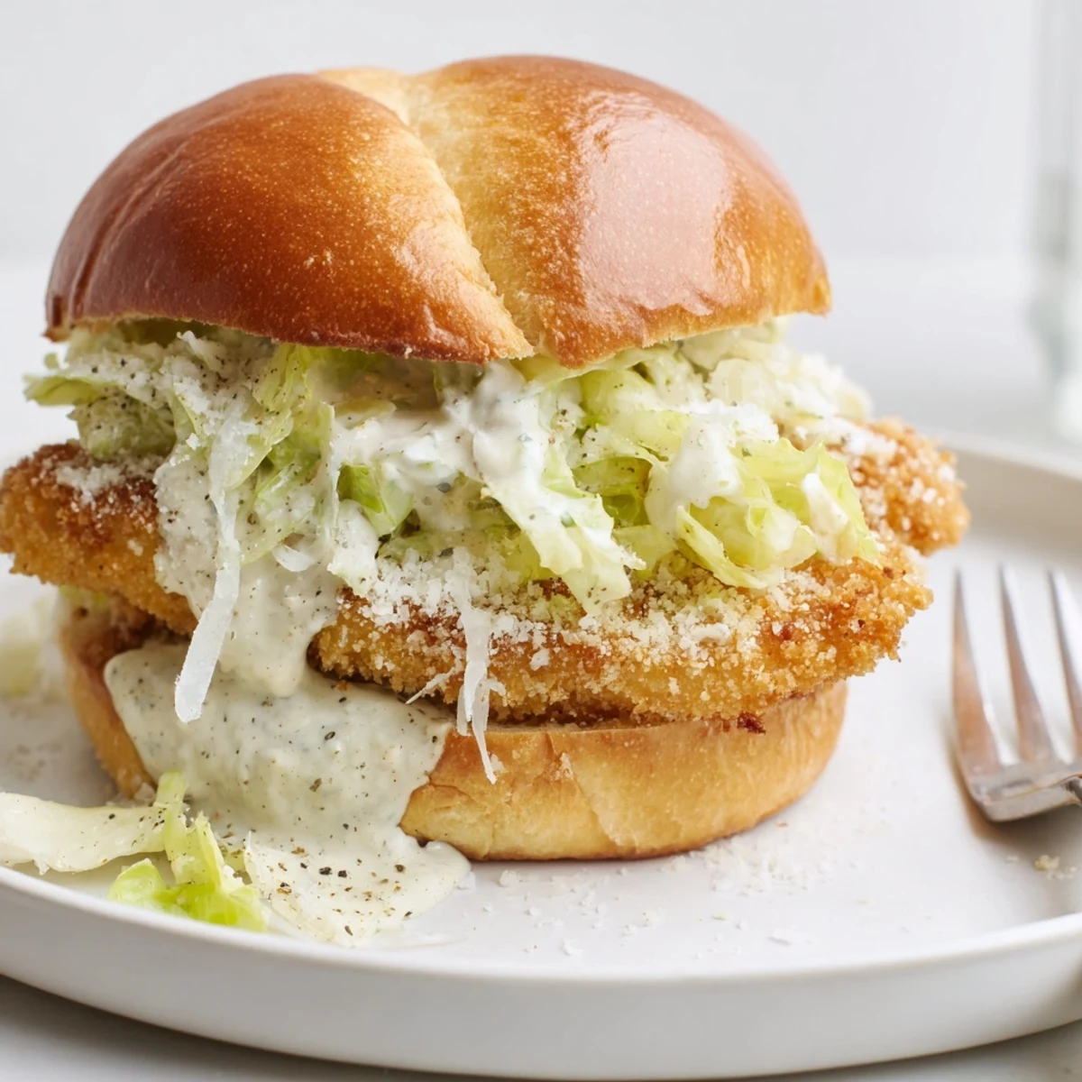 Crispy Chicken Caesar Sandwich Recipe with golden fried chicken, crunchy romaine, toasted brioche