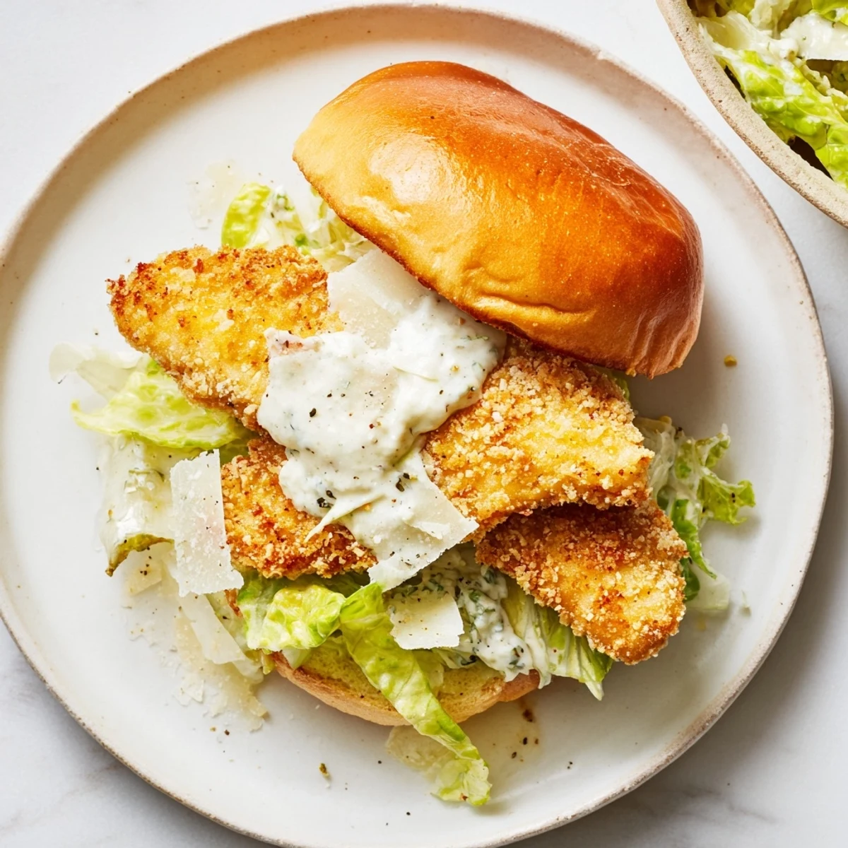 This Crispy Chicken Caesar Sandwich Recipe layers creamy Caesar and shaved Parmesan