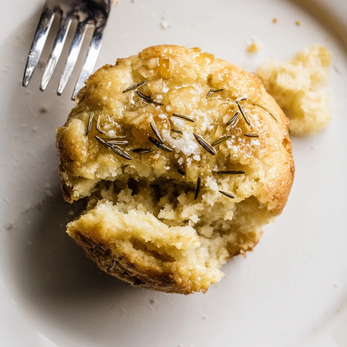 Garlic Rosemary Focaccia Muffins, golden-crusted, steaming, brushed with olive oil and flaky salt.