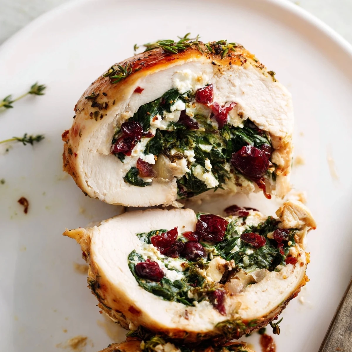 Cranberry Spinach Stuffed Chicken Breasts with golden baked exterior and tart filling  