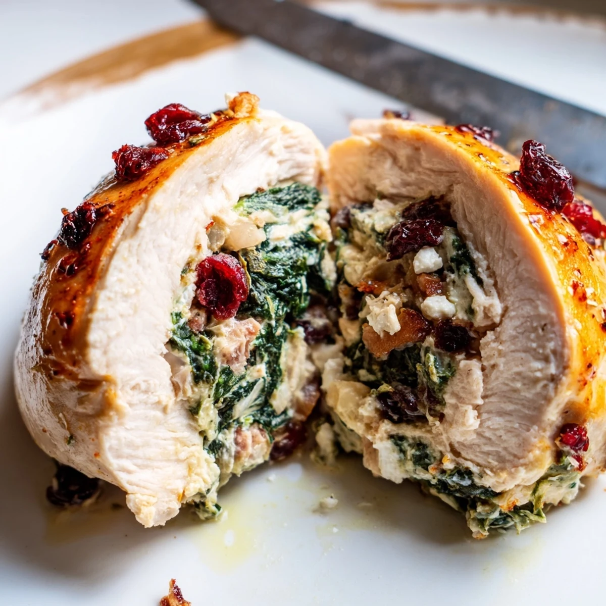Sliced Cranberry Spinach Stuffed Chicken Breasts on plate with roasted vegetables  