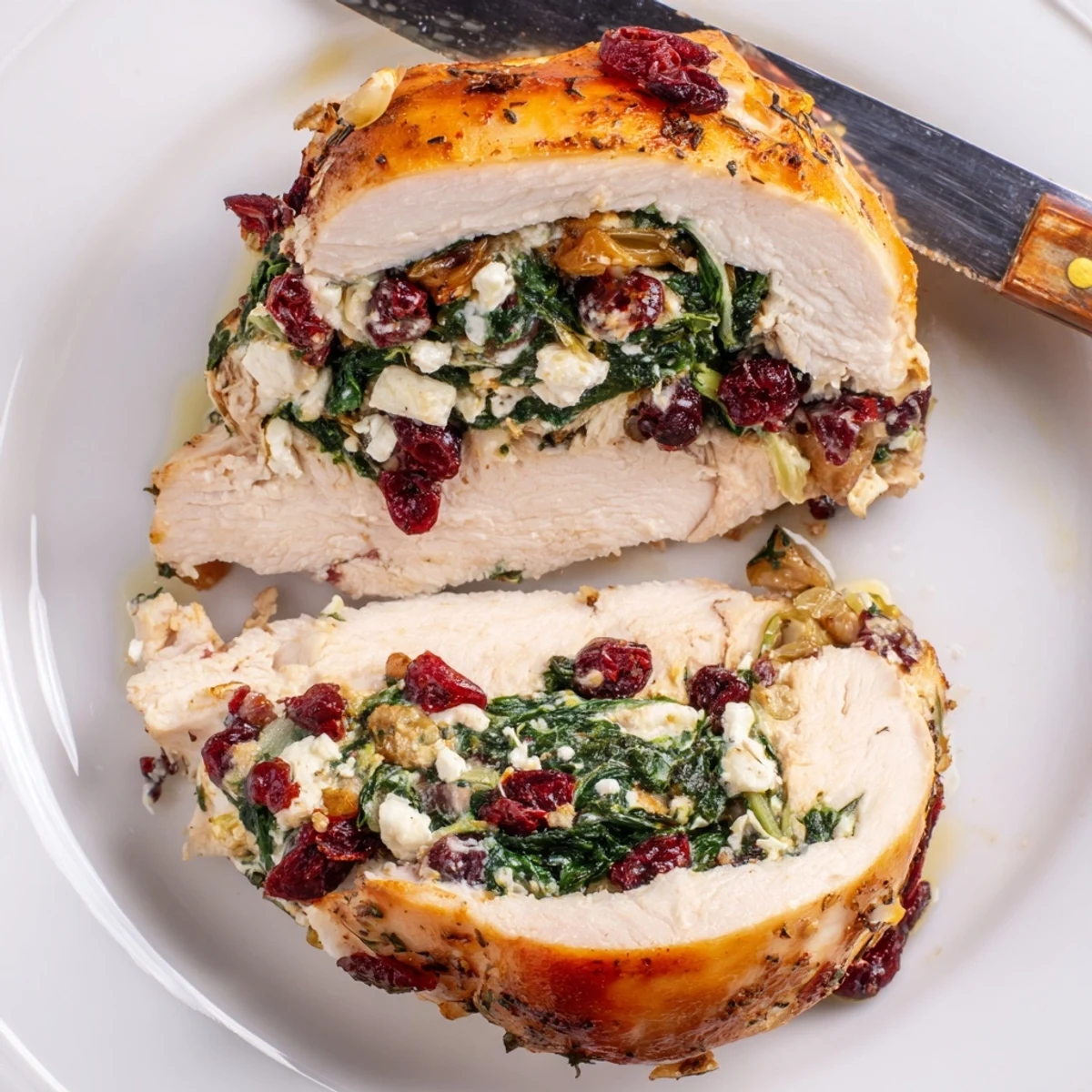 Warm Cranberry Spinach Stuffed Chicken Breasts oozing creamy cheese, served with rice