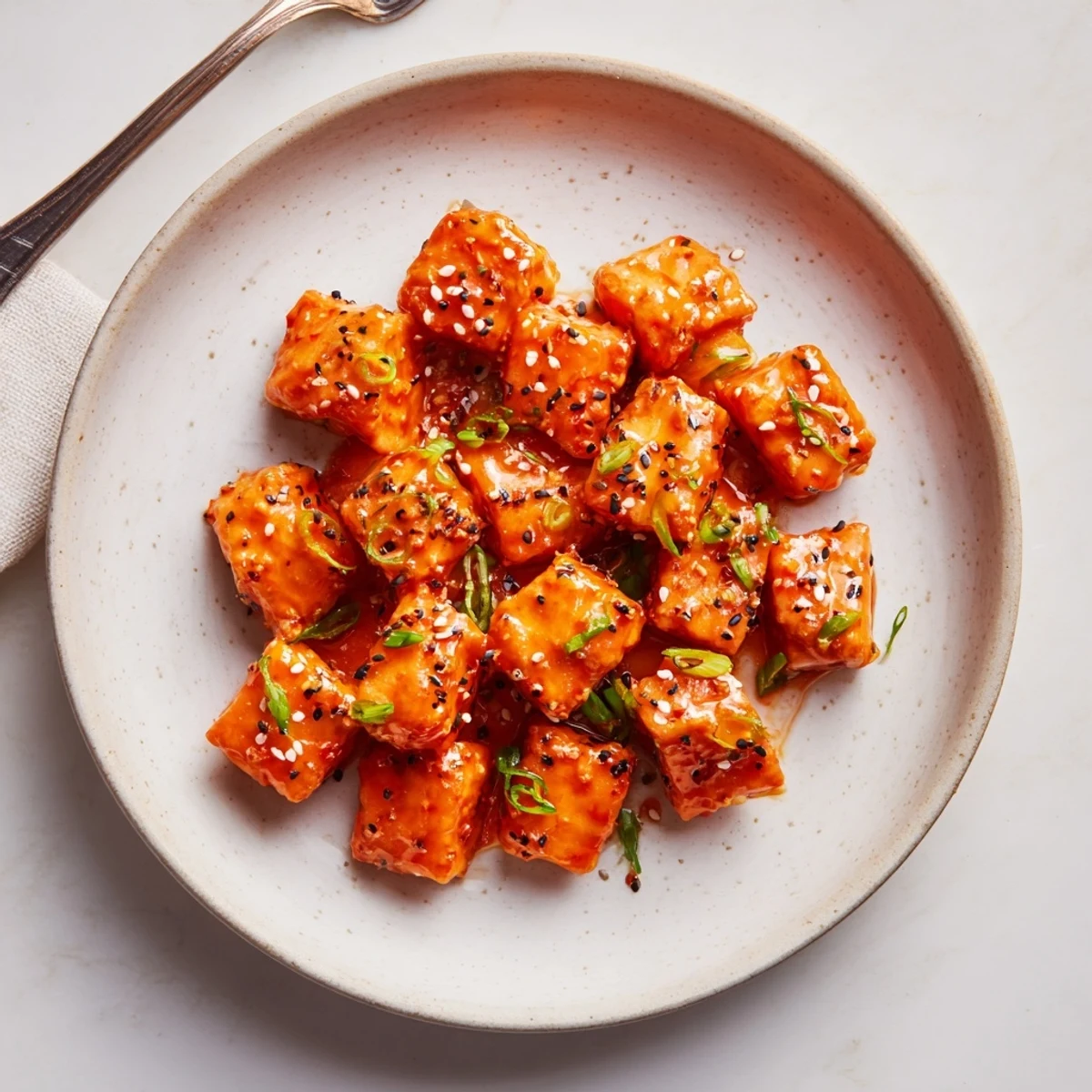 Bang Bang Salmon Bites Recipe piled on jasmine rice, glossy spicy sauce