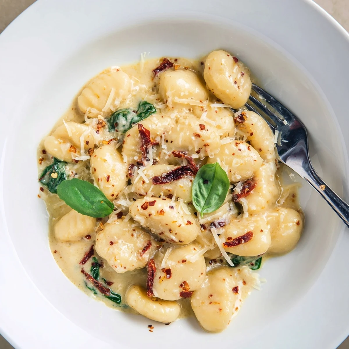 Silky Marry Me Gnocchi bathed in creamy sun-dried tomato sauce, basil