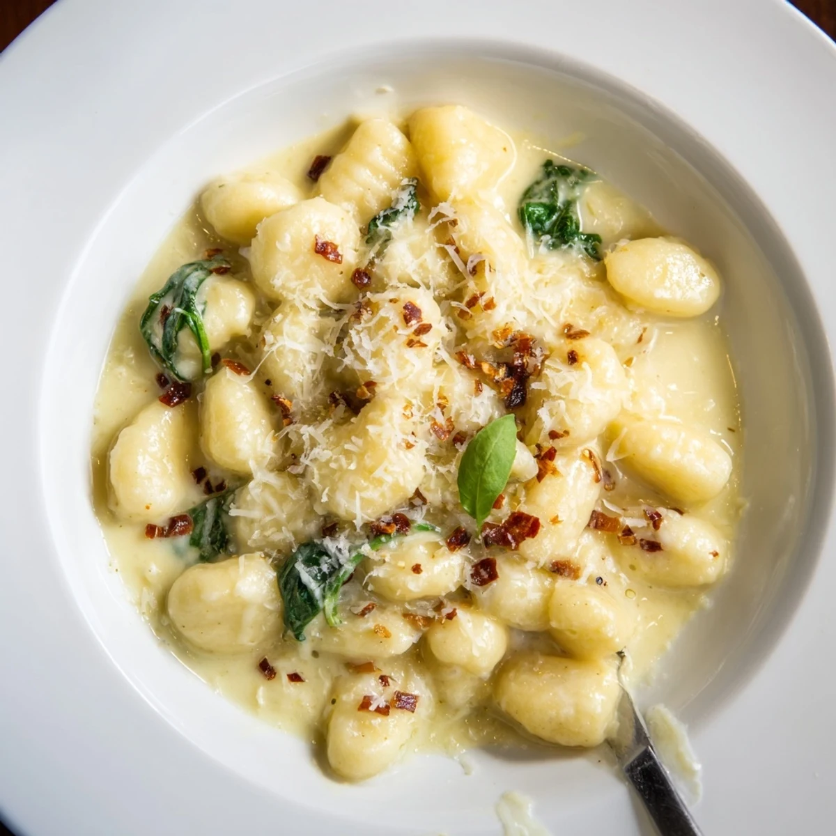Steaming Marry Me Gnocchi plated with wilted spinach, grated Parmesan, crusty bread