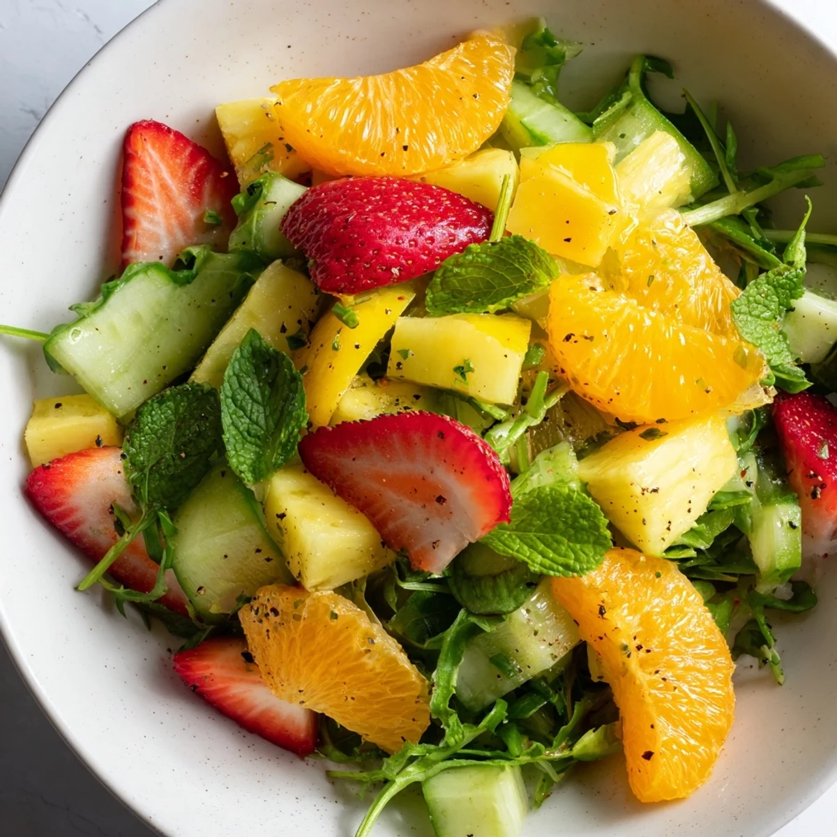 Sunshine Salad with juicy oranges, pineapple, and mint, tossed and glistening