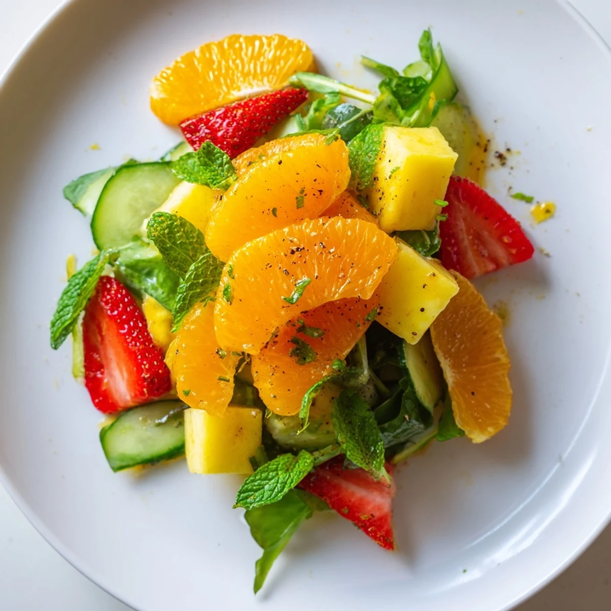 Fresh Sunshine Salad drizzled with honey-lime dressing over crisp baby greens