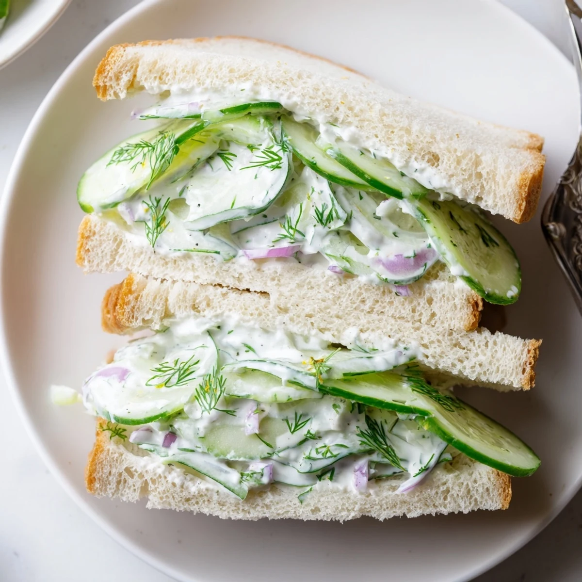 Sliced Quick Cucumber Salad Sandwiches served with lemon wedge and crisp salad
