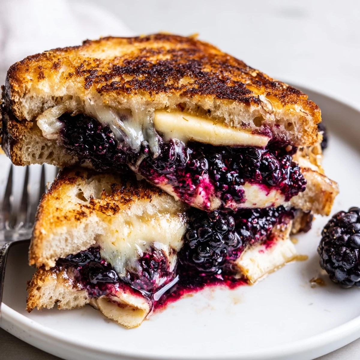 Warm Blackberry Balsamic and Brie Grilled Cheese sliced on buttery sourdough, juicy blackberries