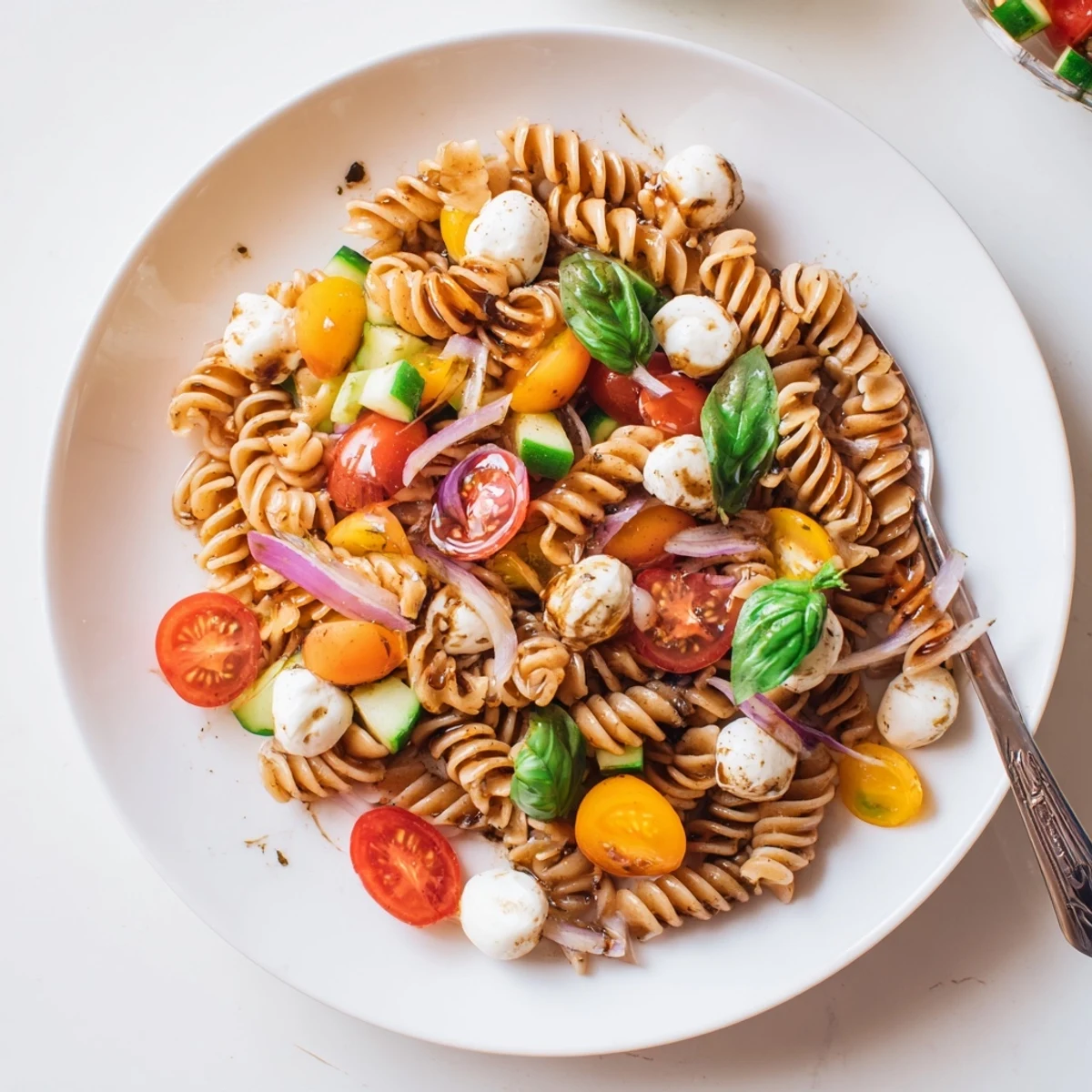 Colorful Caprese Pasta Salad glistening with balsamic, cherry tomatoes and torn basil