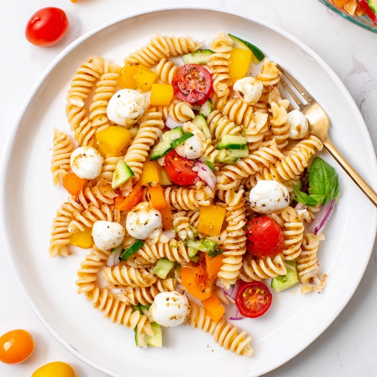 Bright Colorful Caprese Pasta Salad tossed with creamy mozzarella and crunchy cucumber