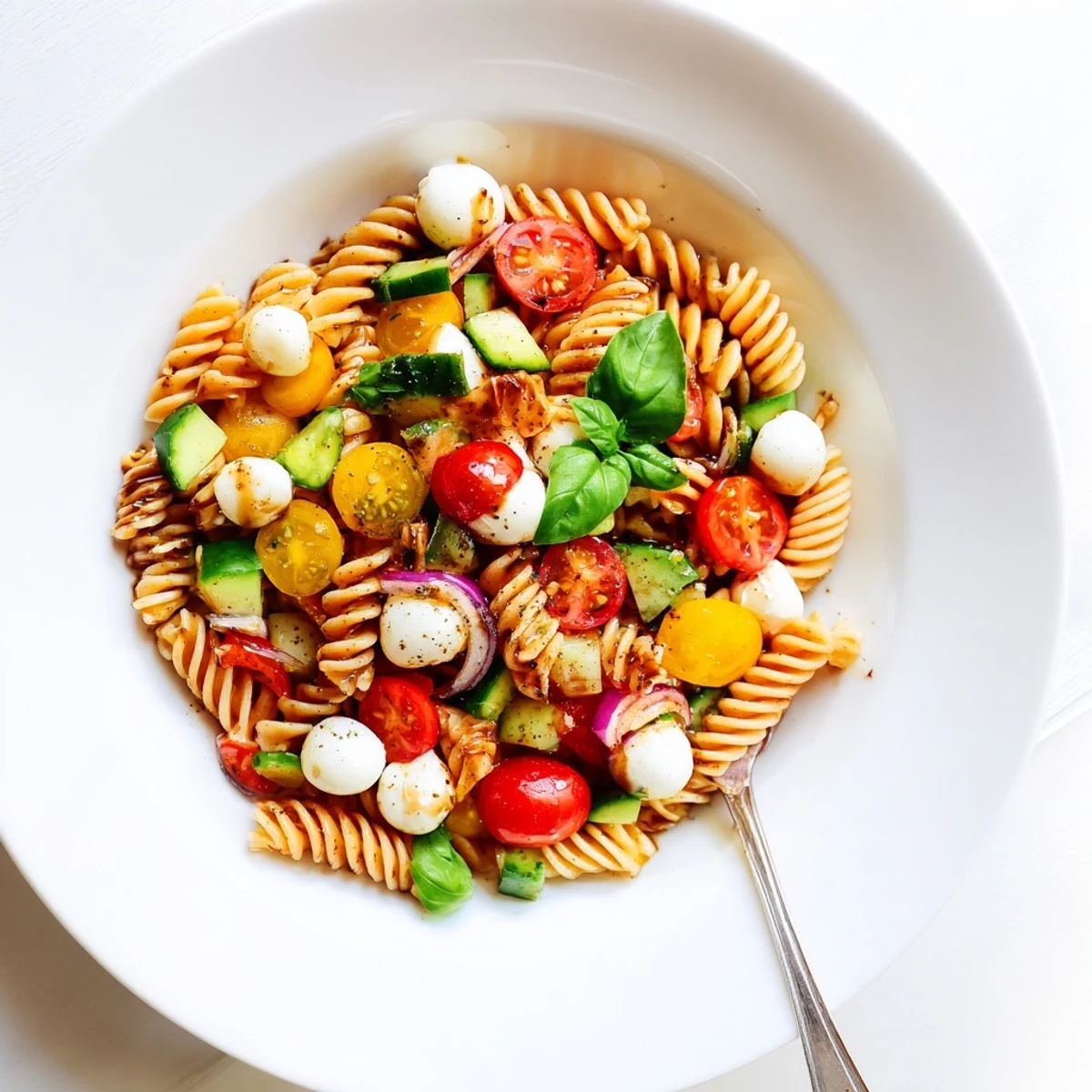 Serve Colorful Caprese Pasta Salad chilled, citrusy balsamic coating and basil aroma