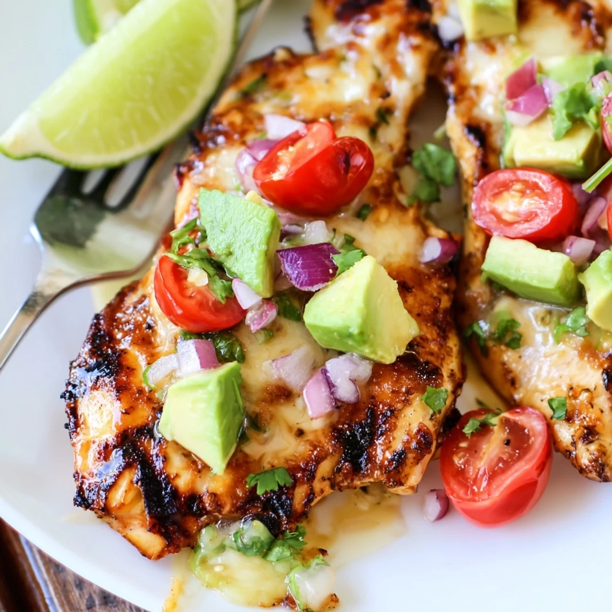 Grilled, juicy Fiesta Lime Chicken With Avocado topped with cilantro and lime wedge