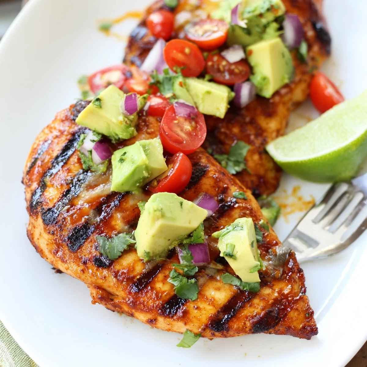Fiesta Lime Chicken With Avocado resting on warm tortillas, bright avocado tomato salsa
