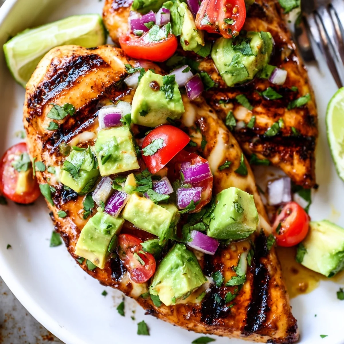 Charred grill marks, tangy and creamy, Fiesta Lime Chicken With Avocado over rice
