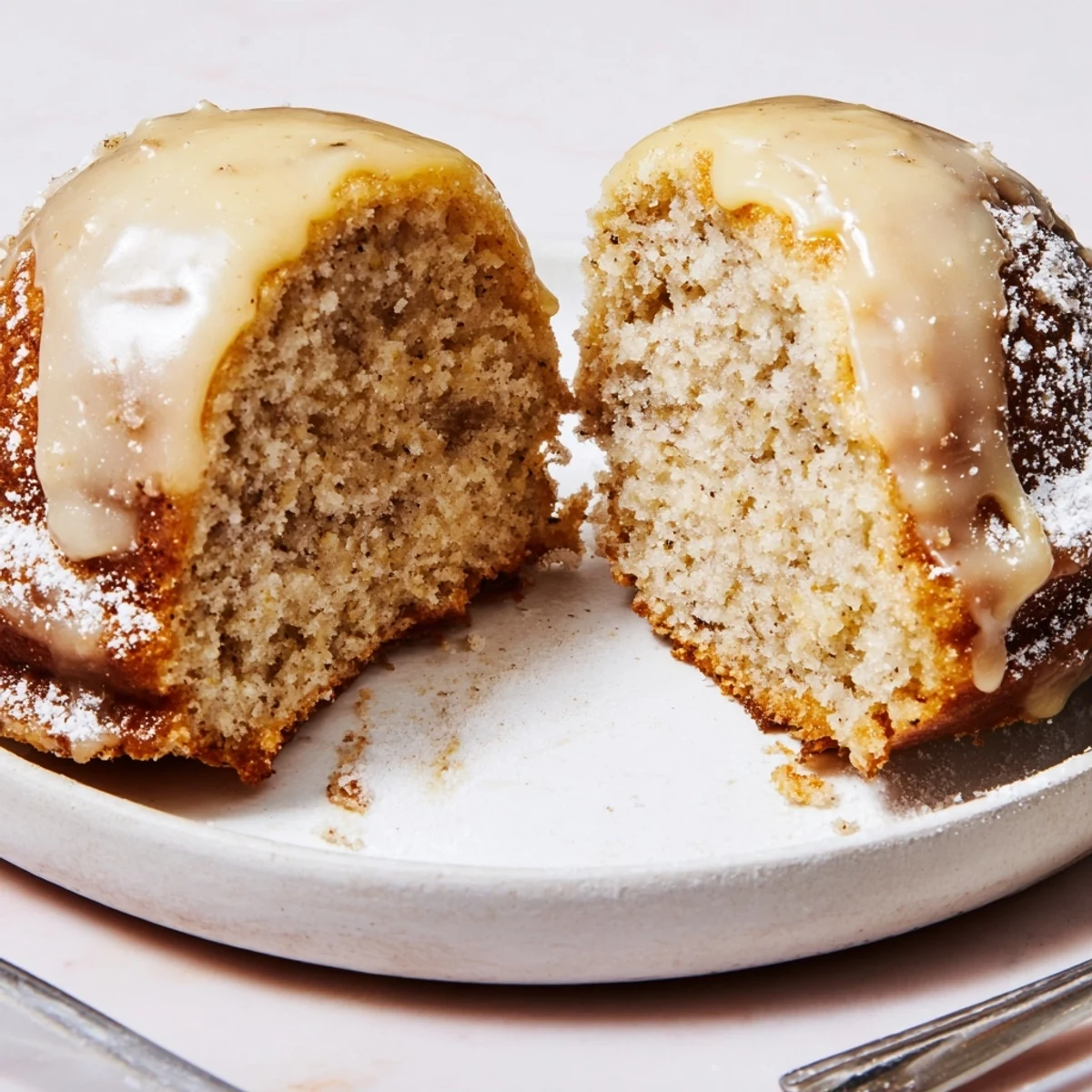 Warm Banana Donuts glistening with vanilla glaze, soft texture, sliced bananas.