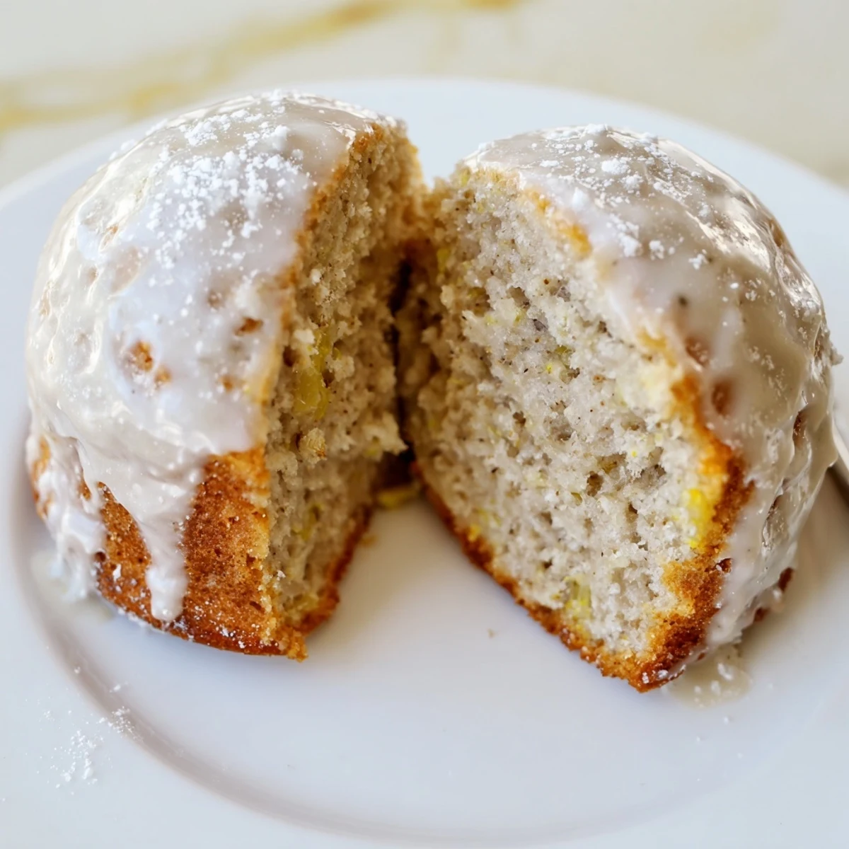 Plated Banana Donuts with powdered glaze, tender crumb, perfect breakfast treat.