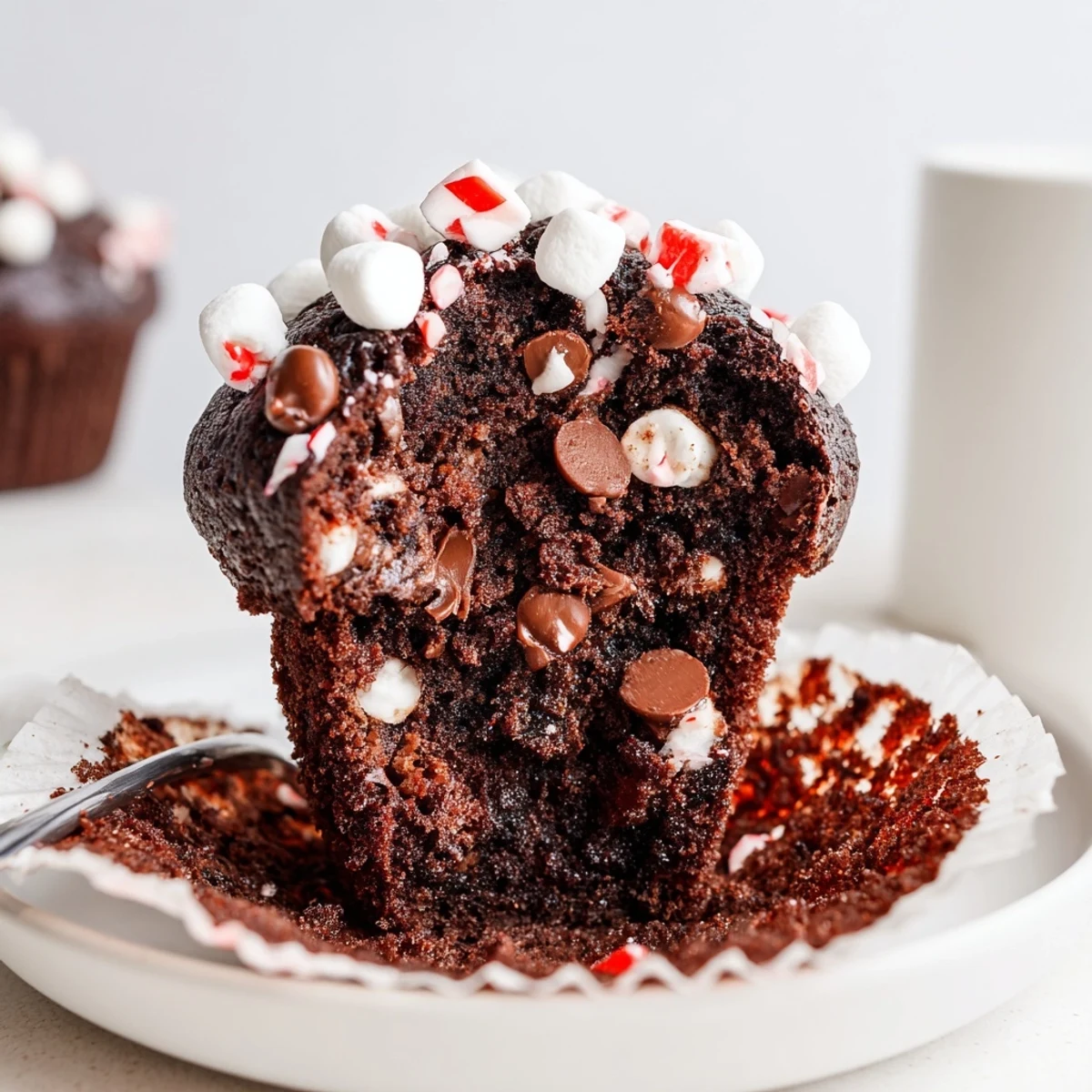 Peppermint Hot Chocolate Muffins steaming on a rack, chocolate chips glistening.