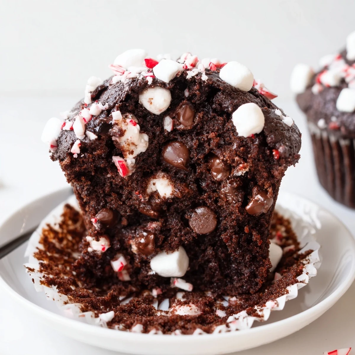 Plate of Peppermint Hot Chocolate Muffins beside a steaming mug of cocoa.