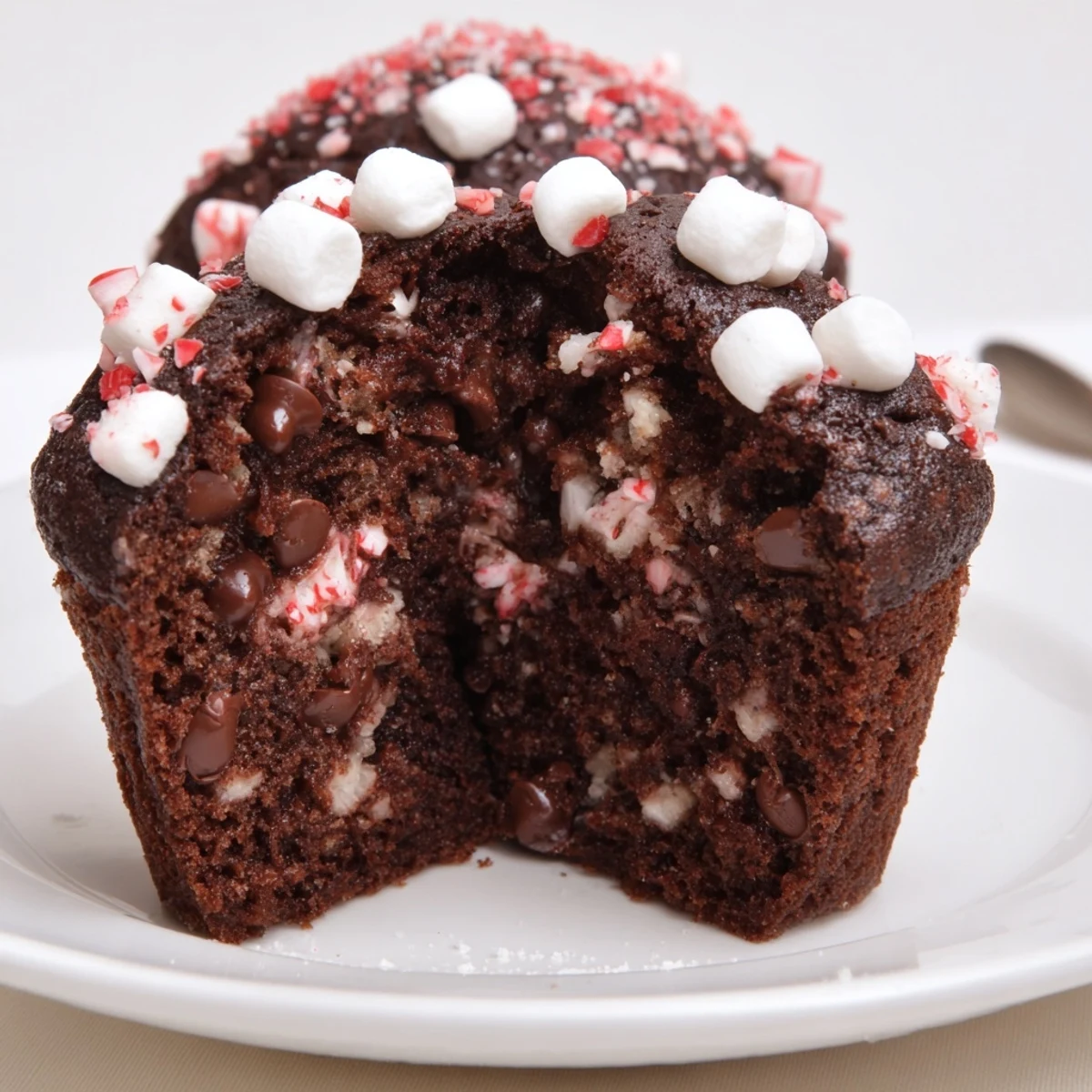 Moist Peppermint Hot Chocolate Muffins sprinkled with crushed peppermint, marshmallow garnish.