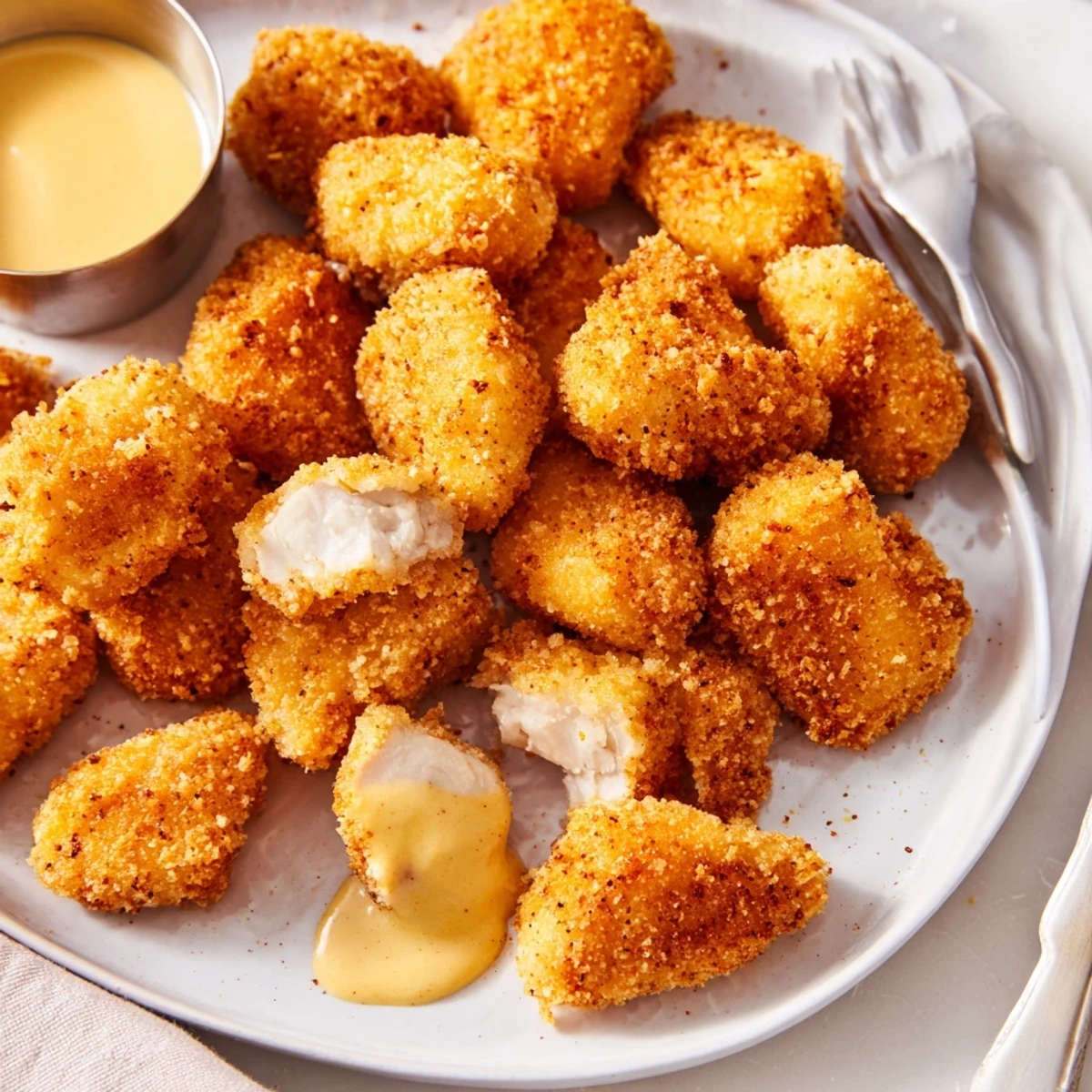 Crispy golden Chicken Bites piled on a plate, steaming, served with ranch