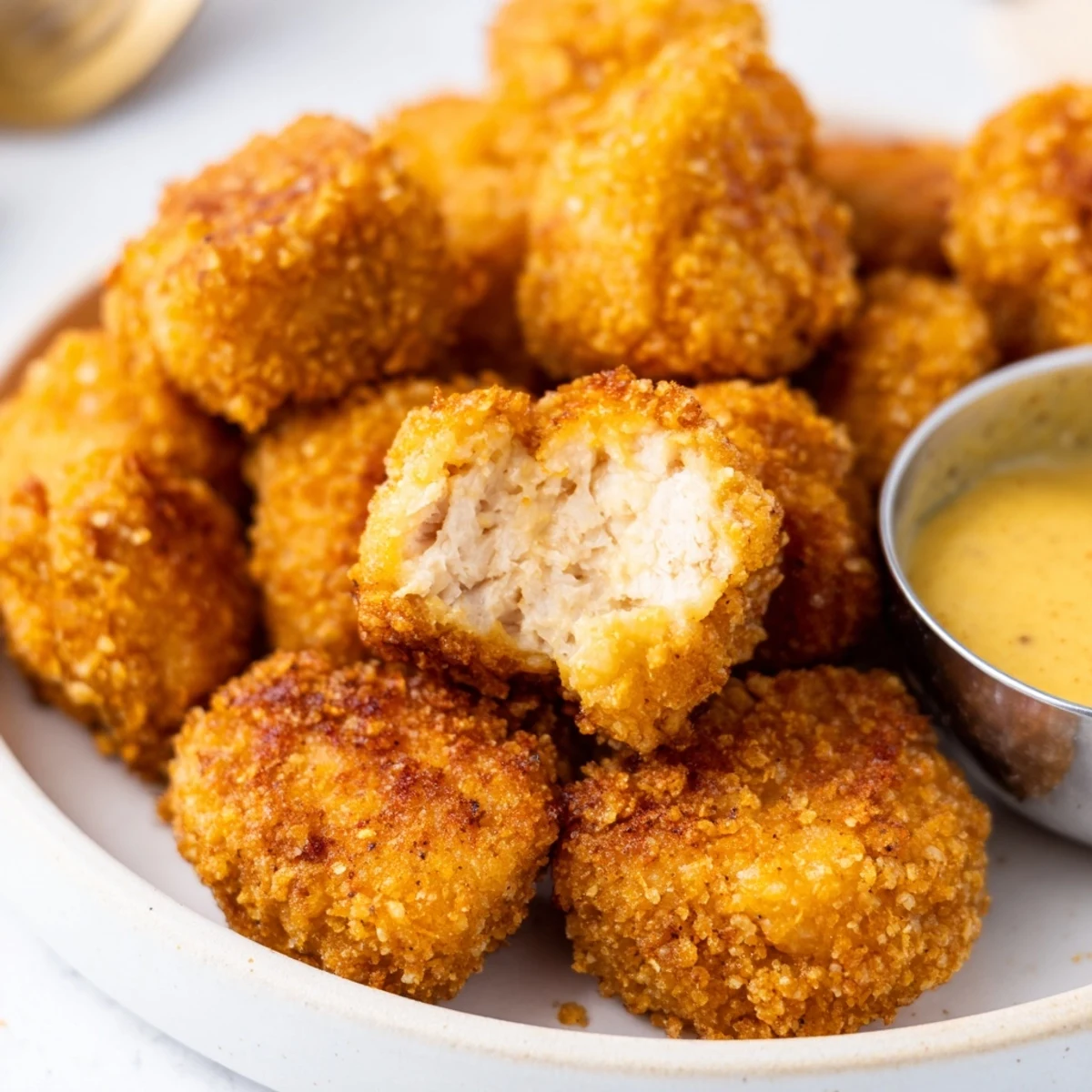 Buttermilk-marinated Chicken Bites crisped to golden brown, served with honey mustard