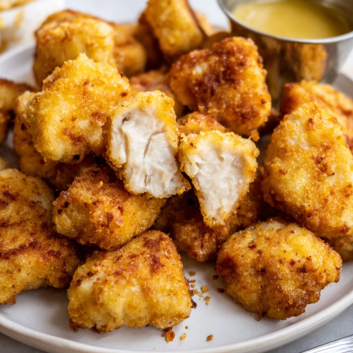 Close-up of crunchy Chicken Bites showing textured crust, juicy interior, party perfect