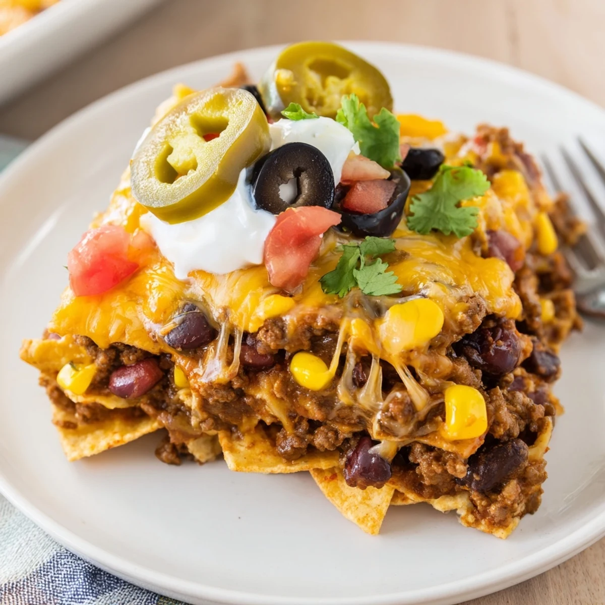Bubbly Cheesy Nacho Casserole fresh from oven, melted cheese and chips.